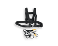 Black safety harness with multiple straps on a white background