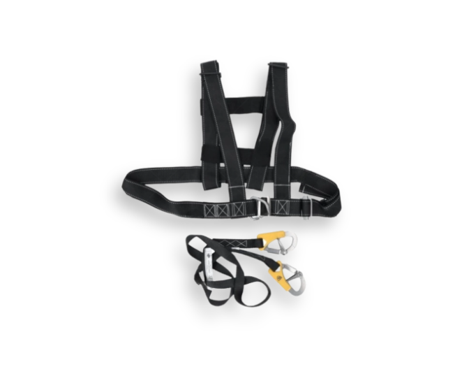 Black safety harness with multiple straps on a white background