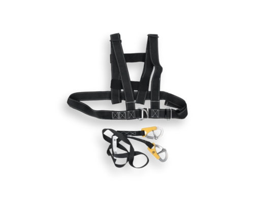 Black safety harness with multiple straps on a white background