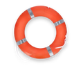 Orange life buoy with silver bands on a white background