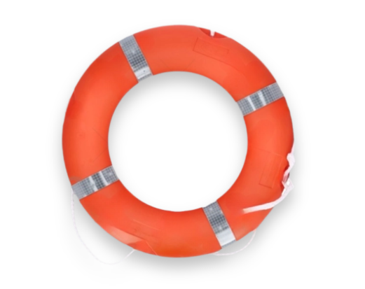 Orange life buoy with silver bands on a white background