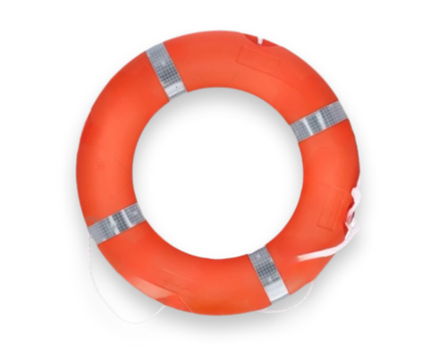 Orange life buoy with silver bands on a white background