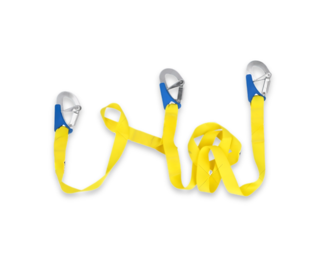 Yellow safety lanyard with blue and silver ends on a white background