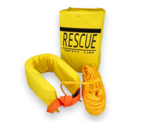Yellow rescue safety line with reel on a white background